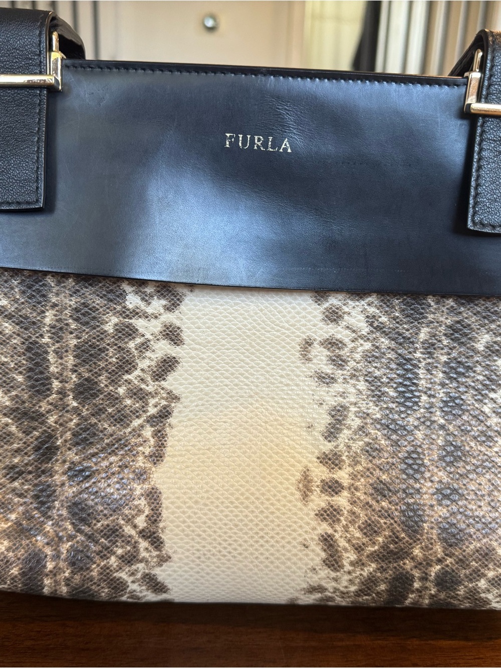 UNIQUE Furla Colorblock Snakeskin Embossed Leather Bag Taupe Black Cream NWOT